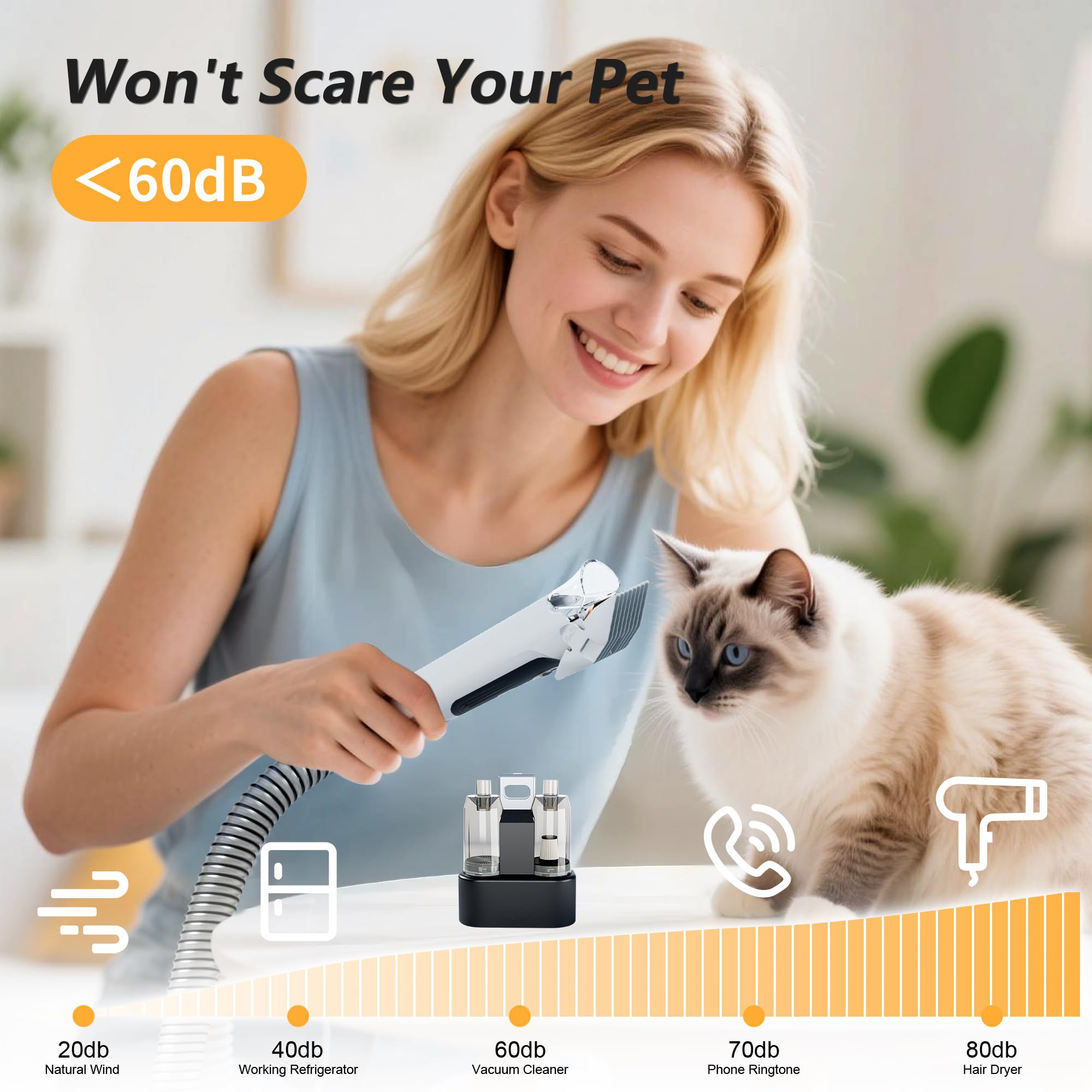 FOTING low-noise operation highlighting pet-friendly grooming under 60 dB.