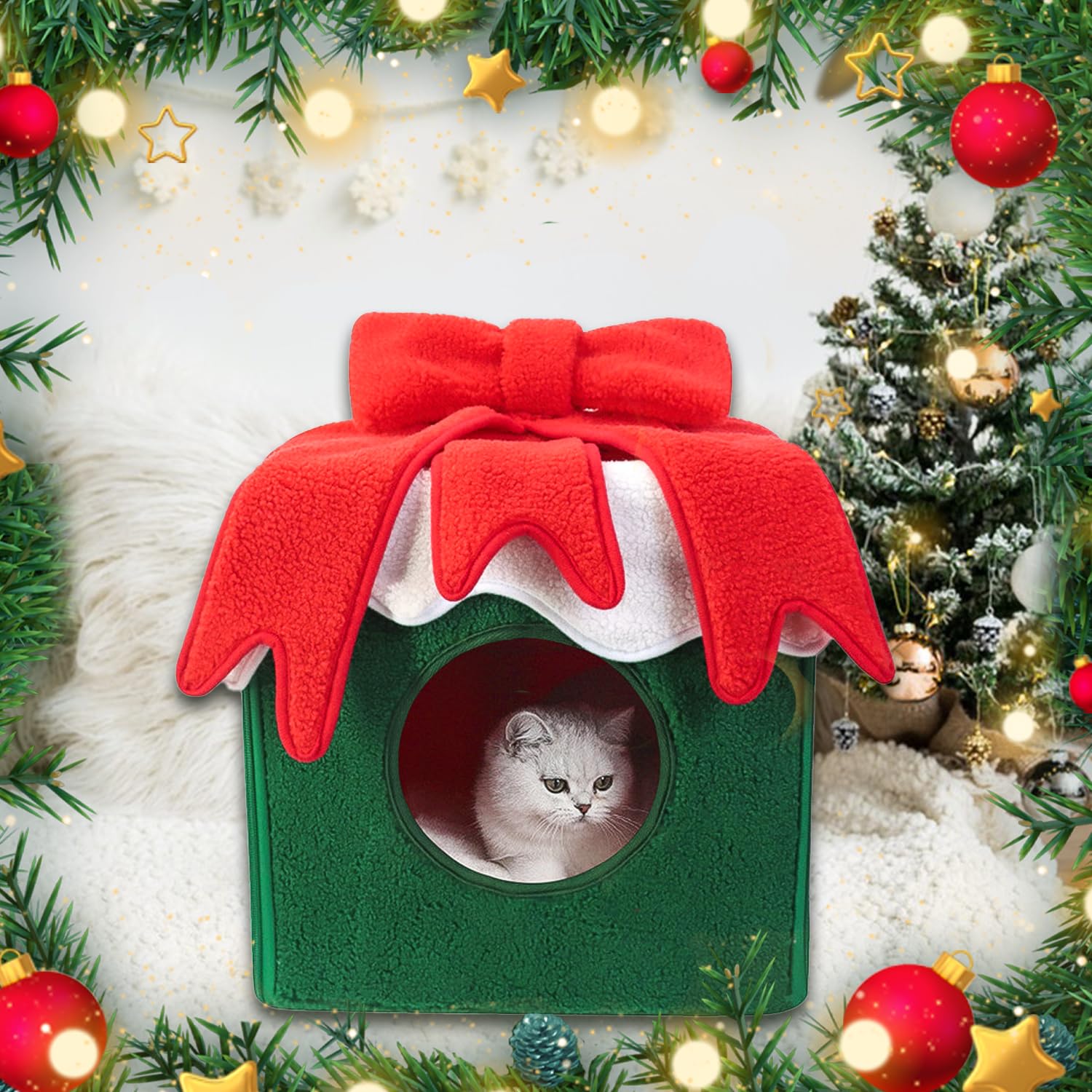 Fotneon Christmas Cat House 12.6-inch size offers a spacious yet compact cozy spot.