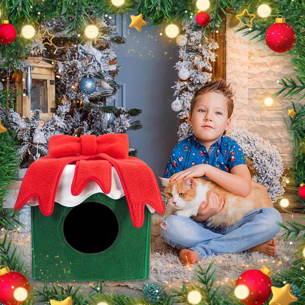 Fotneon Christmas Cat House cave design provides secure hideaway shielding from drafts.