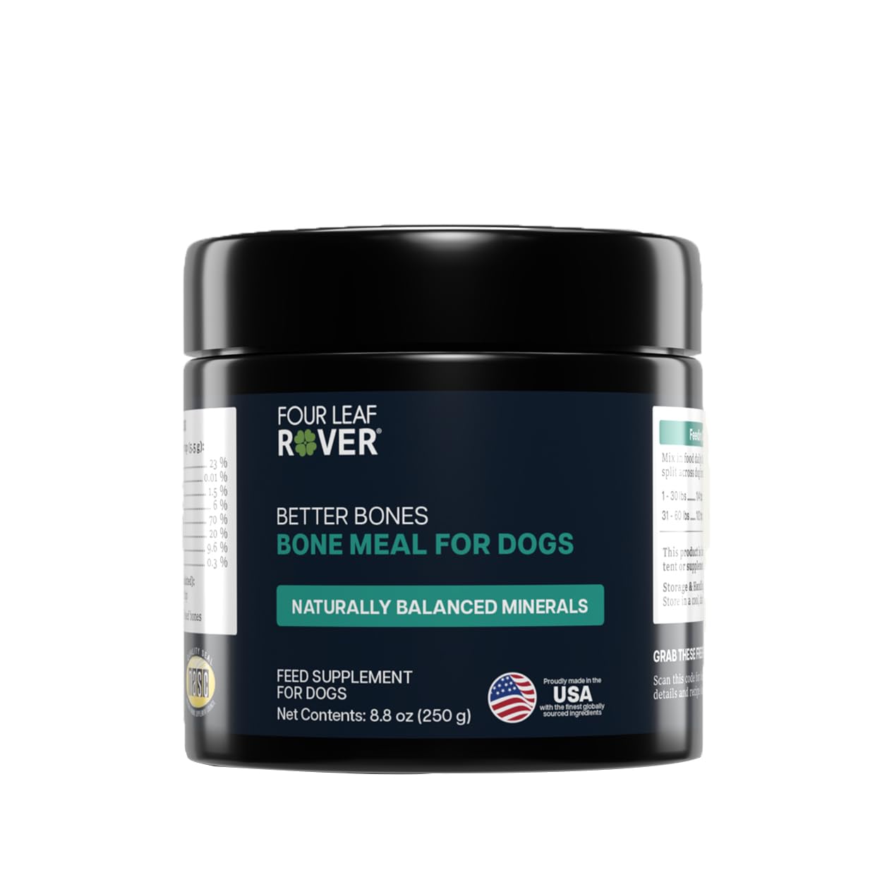 Four Leaf Rover Better Bones bone meal powder front strengthens joints with natural minerals