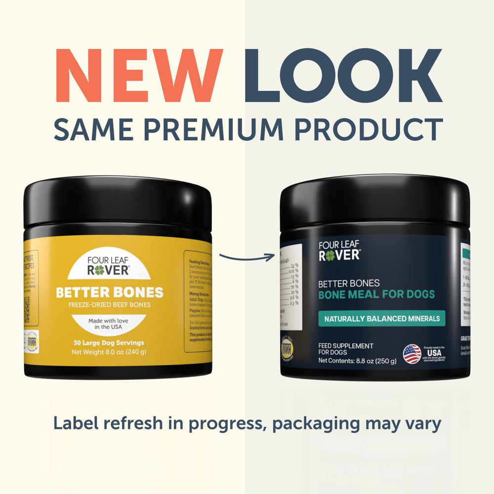 Four Leaf Rover Better Bones packaging label highlights grass-fed beef origin