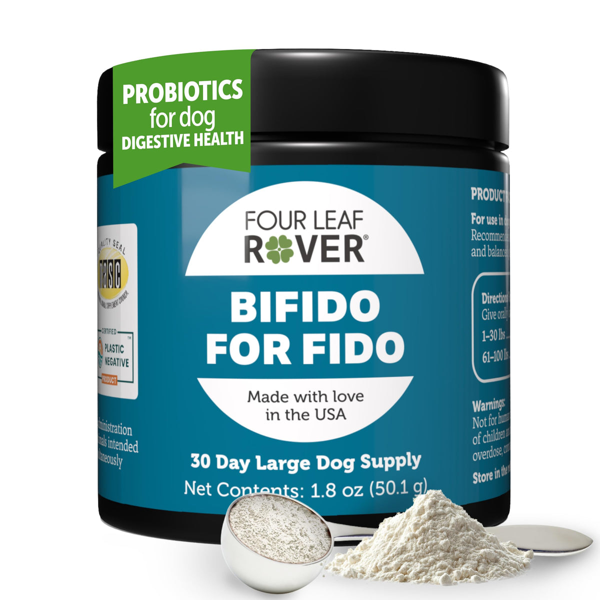 Four Leaf Rover Bifido bottle being poured to support canine gut health.