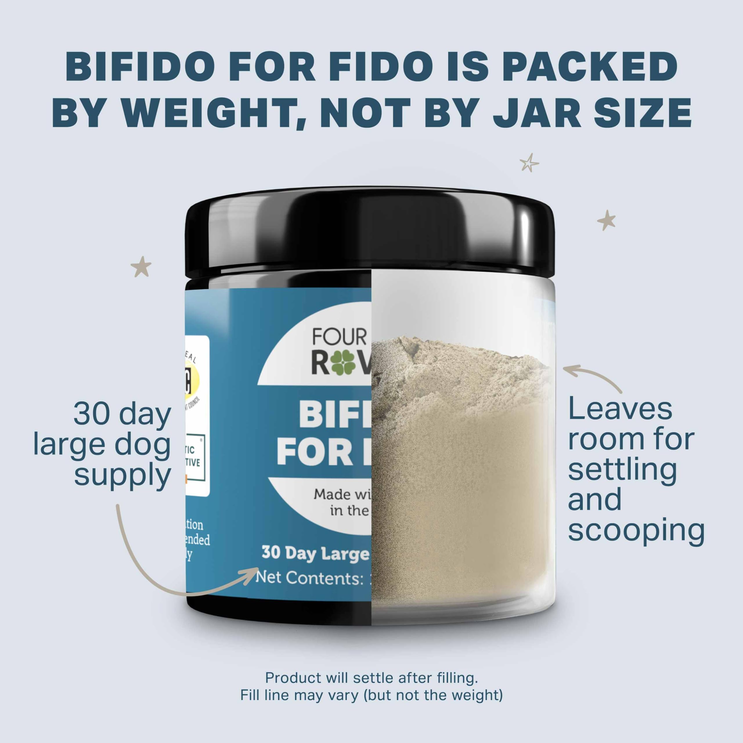 Four Leaf Rover Bifido organic prebiotics image emphasizes Jerusalem artichoke and FOS for gut flora.
