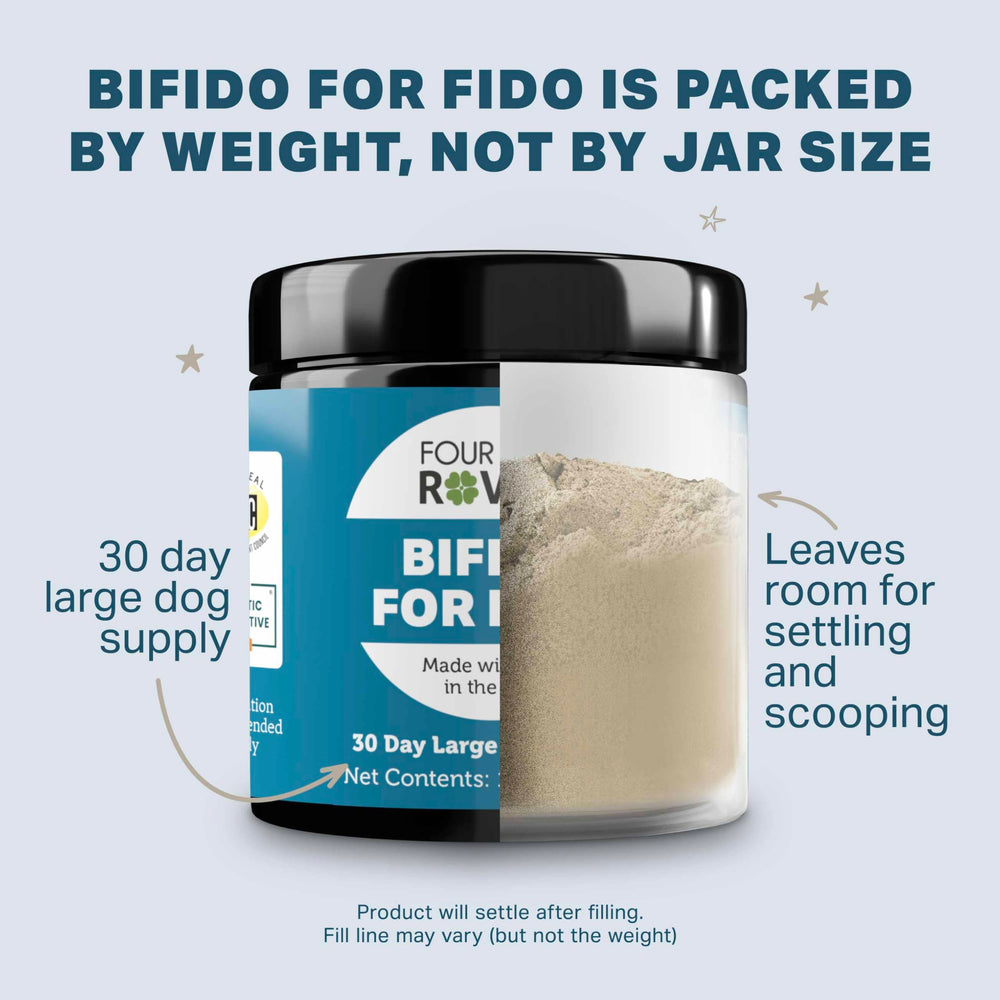Four Leaf Rover Bifido organic prebiotics image emphasizes Jerusalem artichoke and FOS for gut flora.