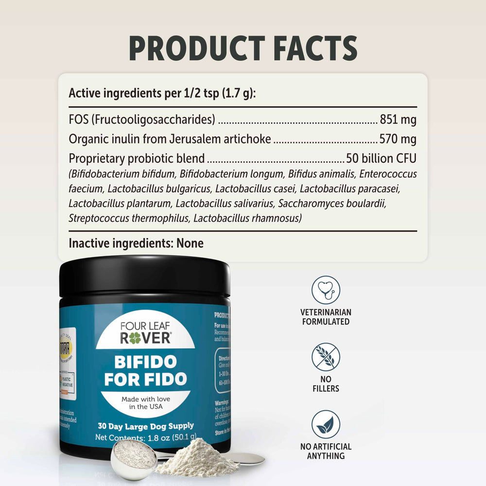 Four Leaf Rover Bifido whole-food formulation image highlights fillers-free, transparent ingredients.