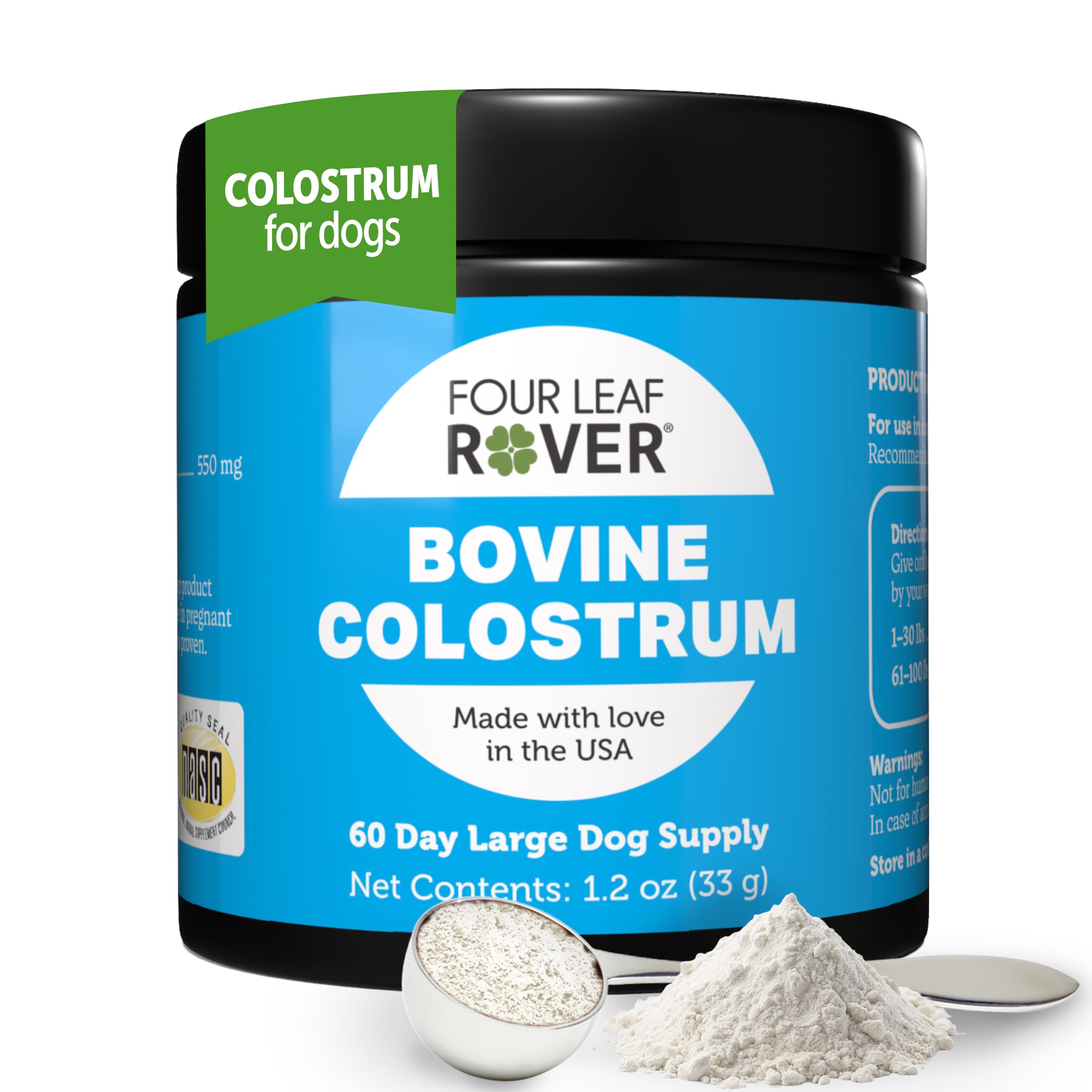 Four Leaf Rover bovine colostrum bottle for easy daily gut support in dogs