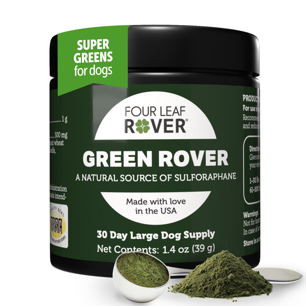 Four Leaf Rover Green Rover tub label highlights premium greens for daily immune support.