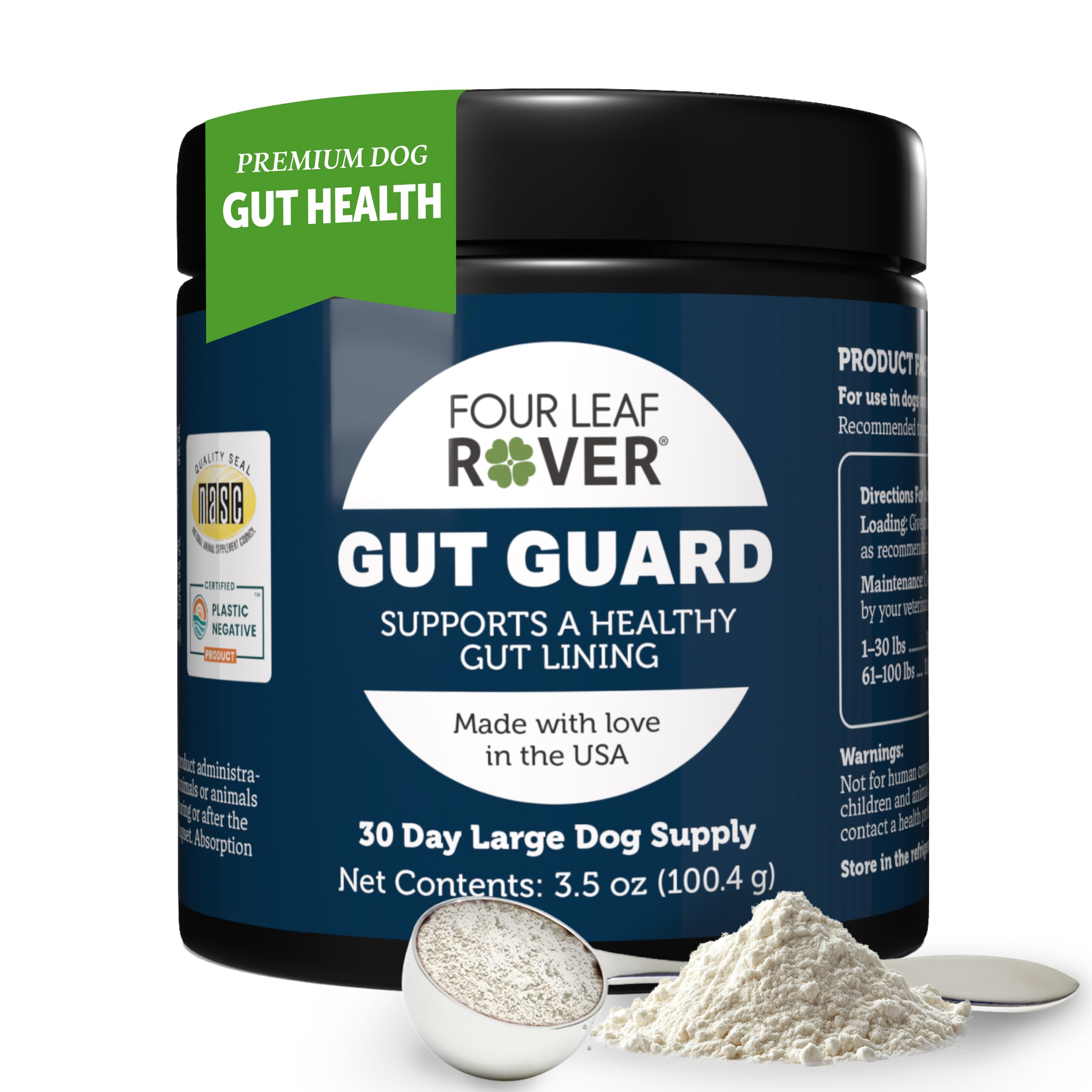 Four Leaf Rover Gut Guard bottle front promotes dog gut health and daily digestion.