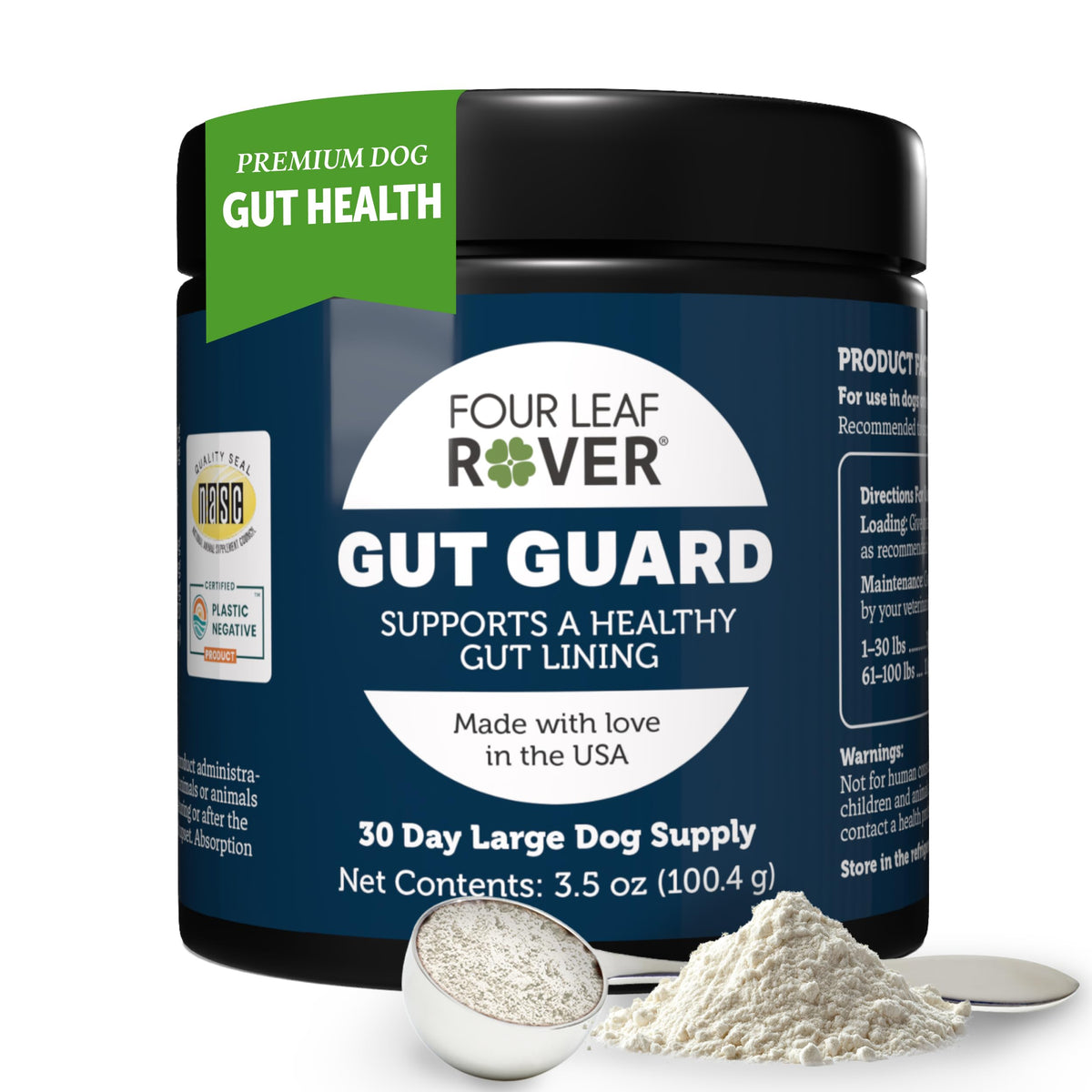 Four Leaf Rover Gut Guard bottle front promotes dog gut health and daily digestion.