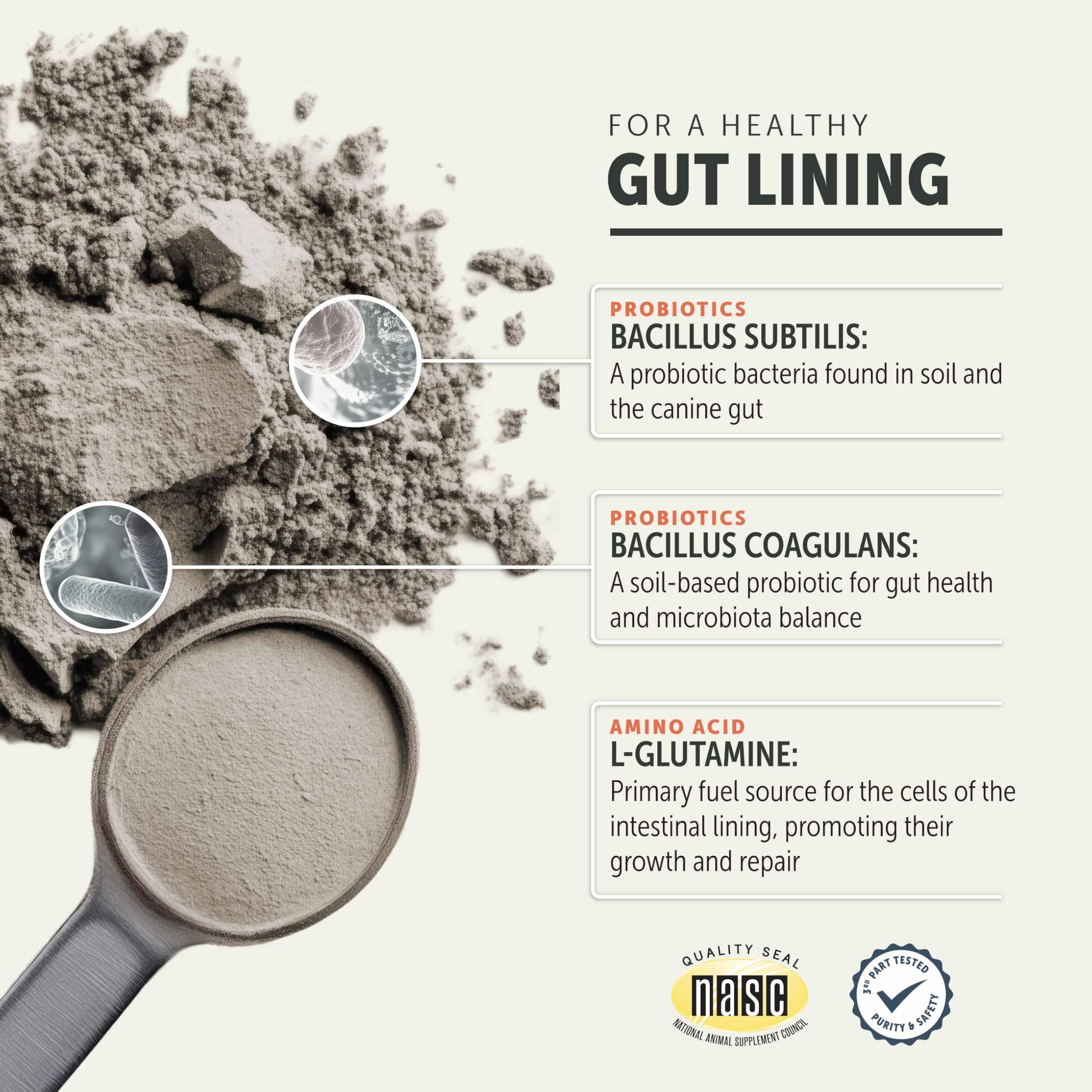 Four Leaf Rover Gut Guard bottle side view highlights core probiotic balance for gut health.