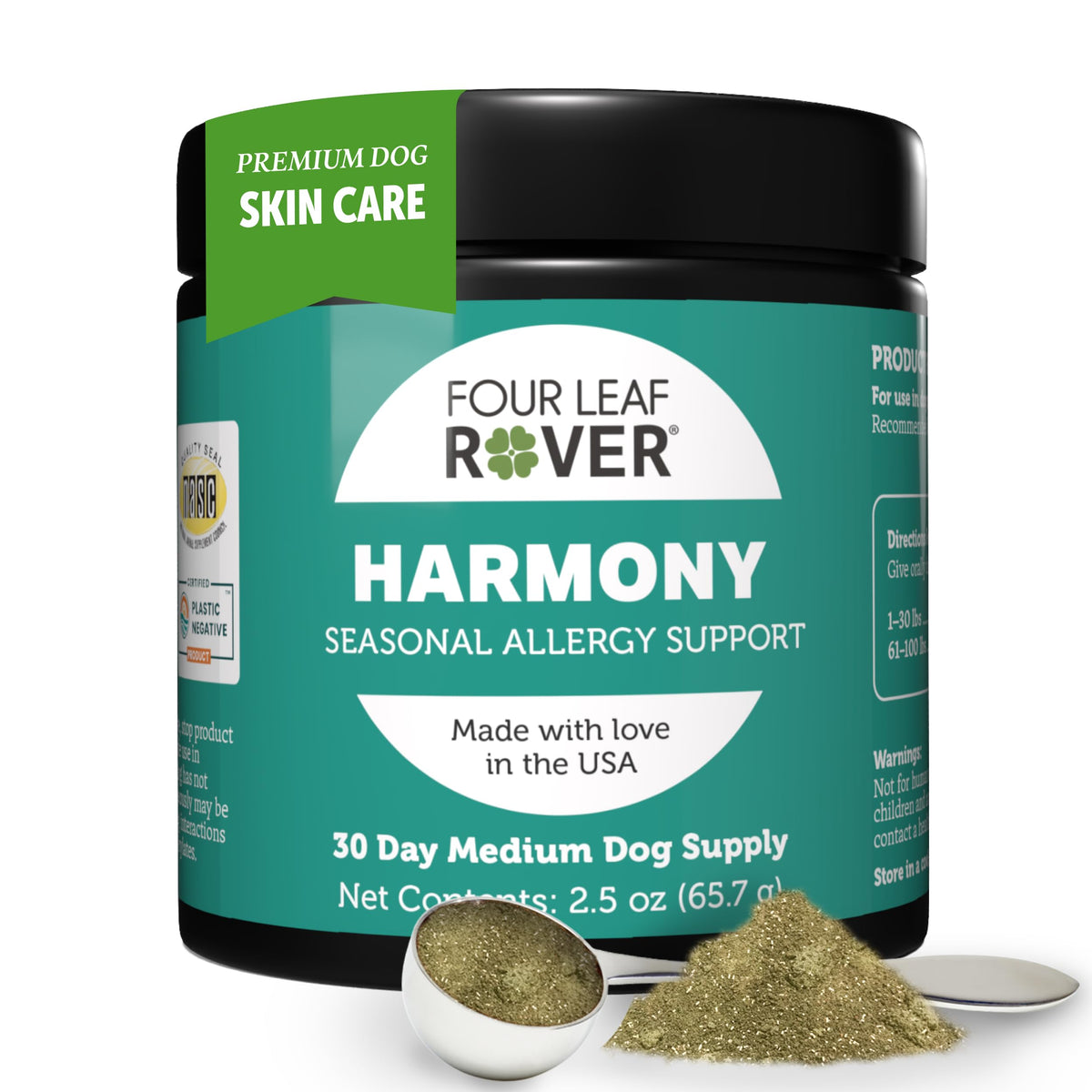 Four Leaf Rover Harmony bottle front view for dogs, highlighting histamine support for itchy skin.