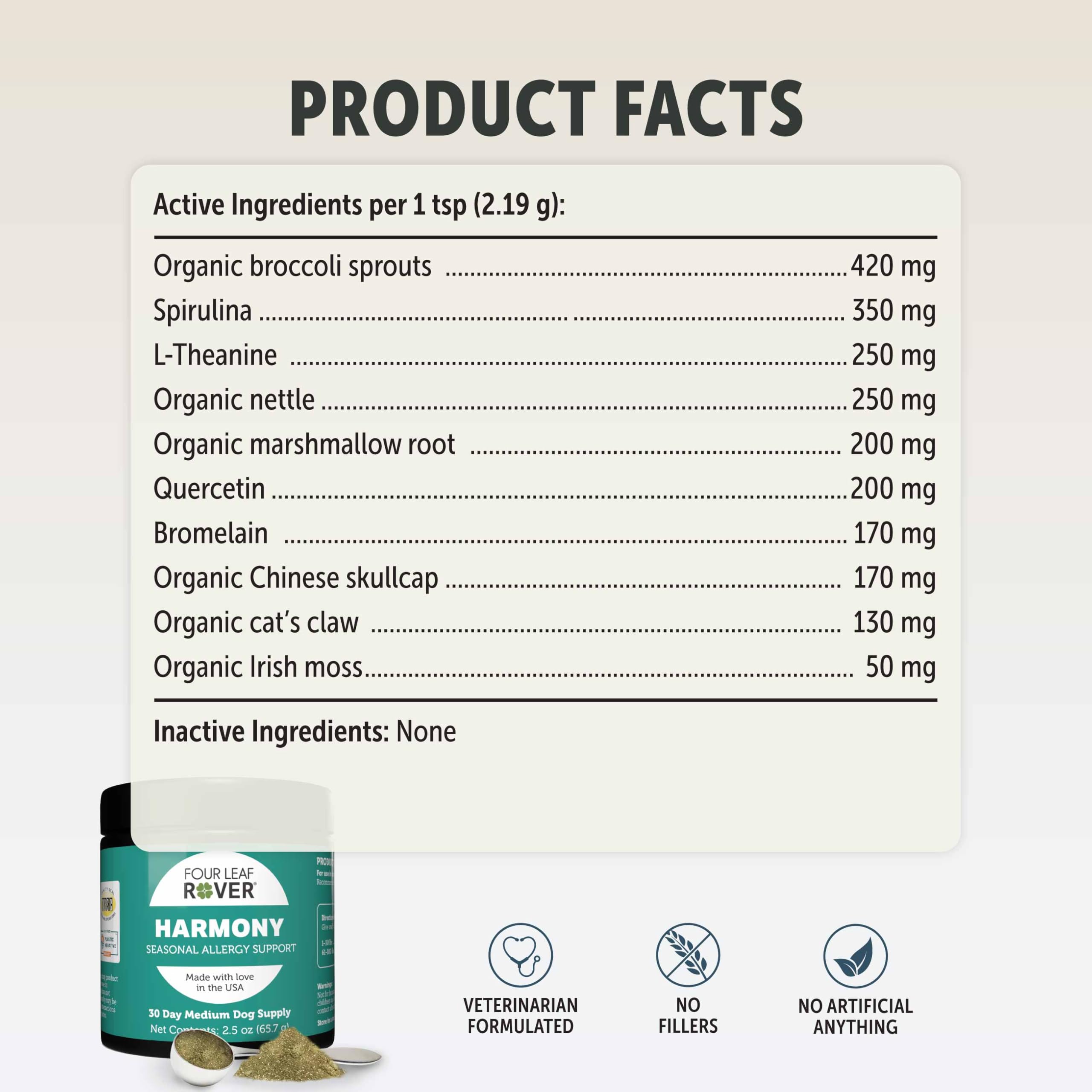 Four Leaf Rover Harmony label close-up, underlining organic ingredients and USA-made quality.