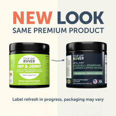Four Leaf Rover hip joint bottle label highlights vet formulation and key ingredients