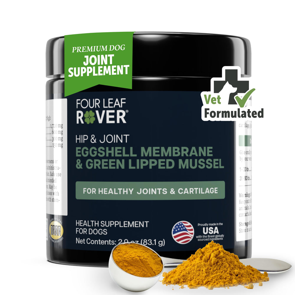 Four Leaf Rover hip and joint bottle pour shows effortless daily dosing