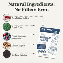 Four Leaf Rover Kibble Fixer digestive enzymes close-up shows gut-balance support for canine meals
