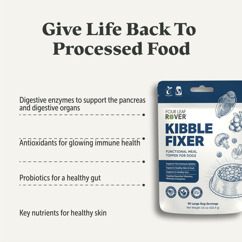 Four Leaf Rover Kibble Fixer probiotic bottle highlighting immune-supporting nutrients for dogs