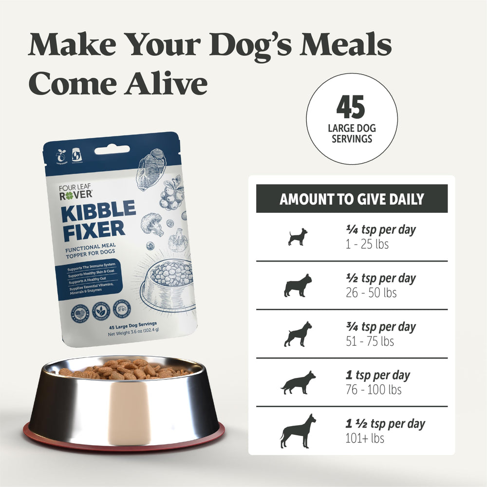 Four Leaf Rover Kibble Fixer serving scoop adding topper to kibble for easy feeding