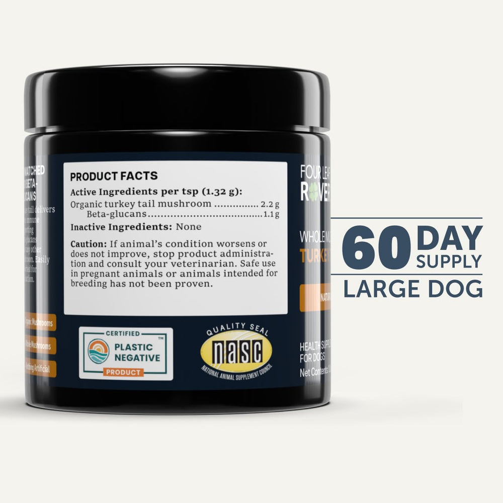 Four Leaf Rover made-in-USA turkey tail supplement bottle on counter