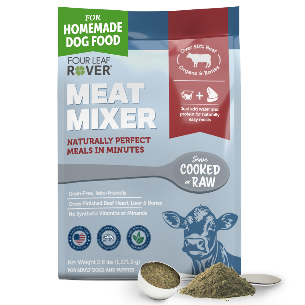 FOUR LEAF ROVER Meat Mixer shows grass-fed beef as a protein-rich base