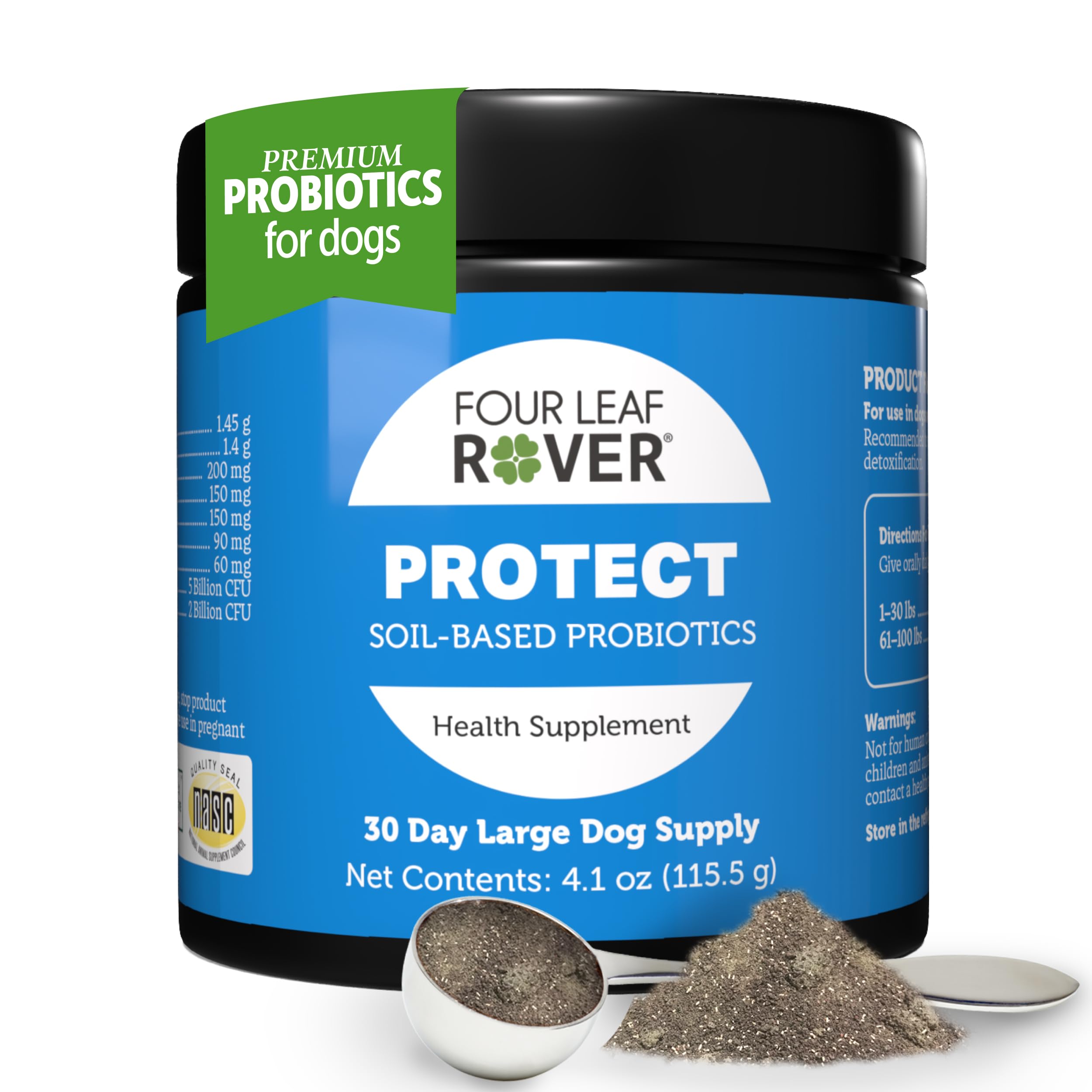 Four Leaf Rover Protect tub packaging highlighting gut health support for dogs.