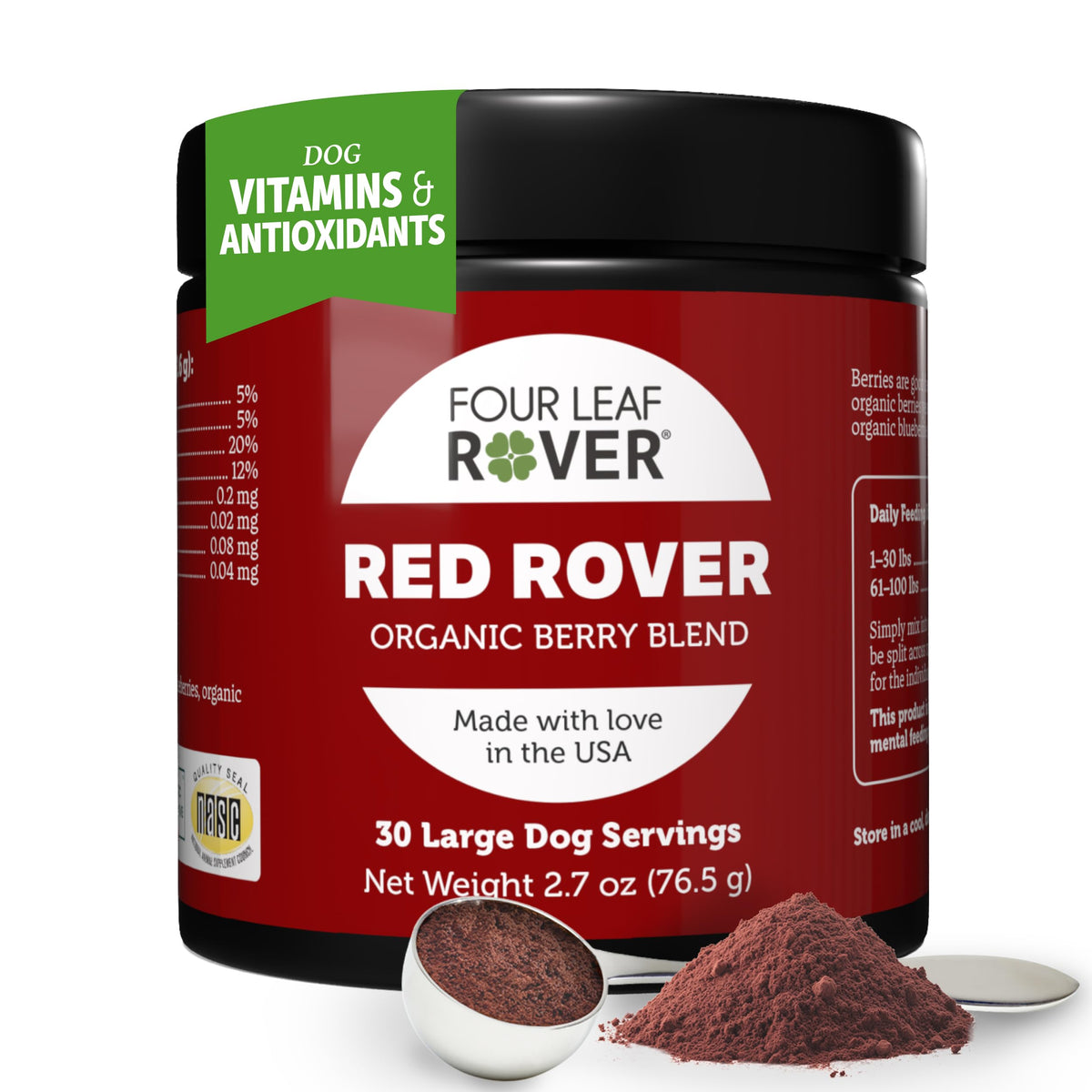 Four Leaf Rover Red Rover bottle front promotes the urinary-support blend for dogs.