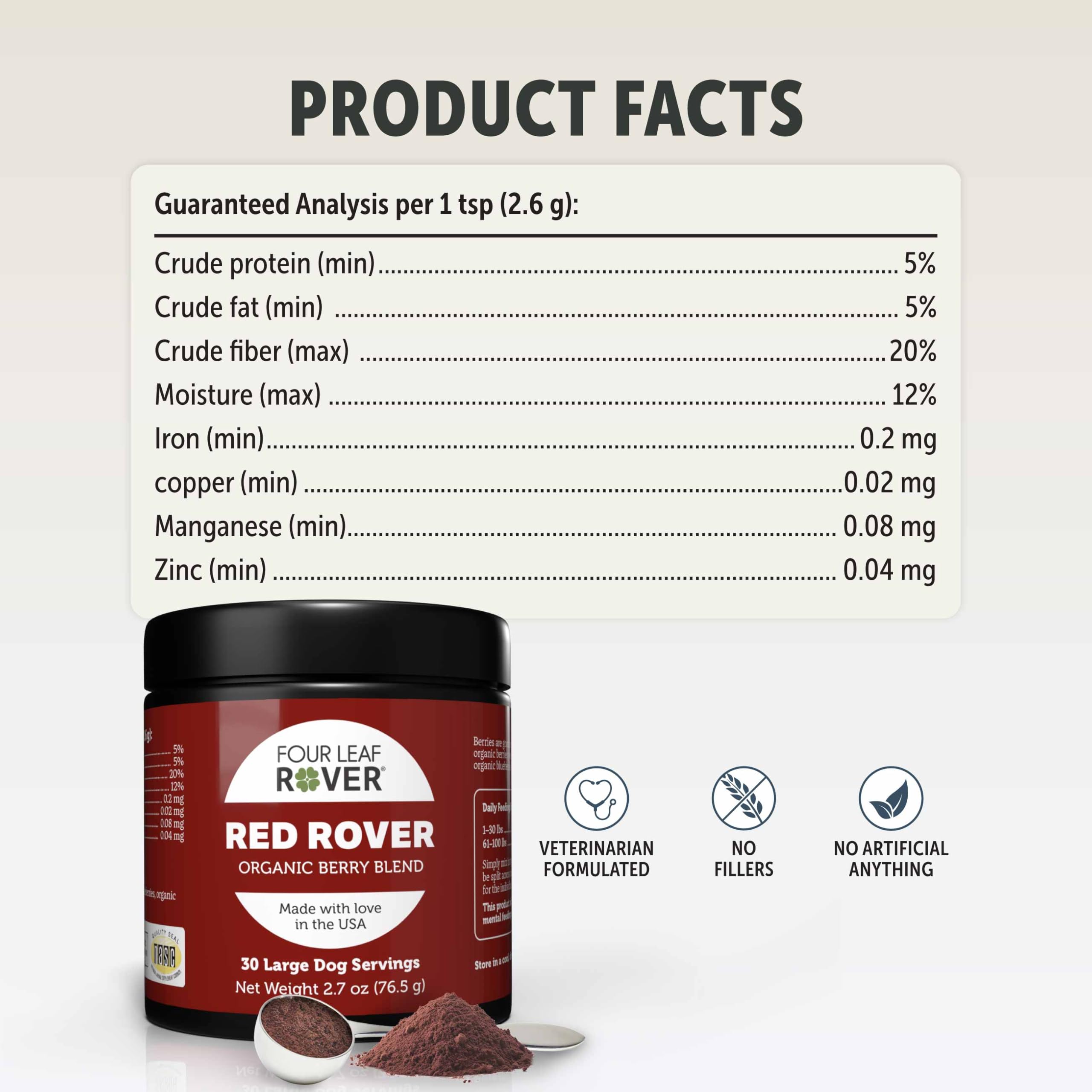 Four Leaf Rover Red Rover US-grown organic ingredients reflect quality.