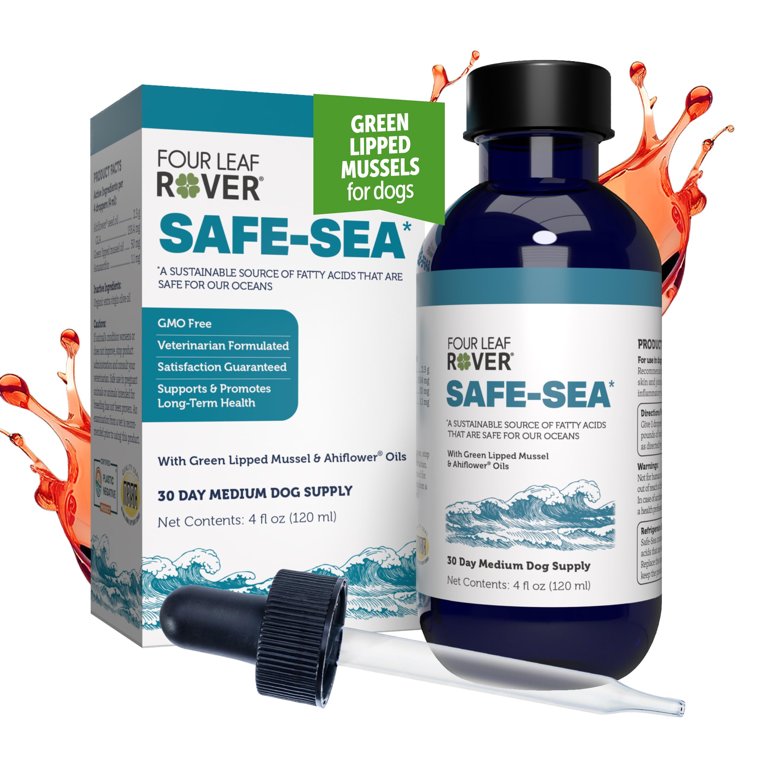 Four Leaf Rover Safe-Sea bottle with green-lipped mussels for dog joint support