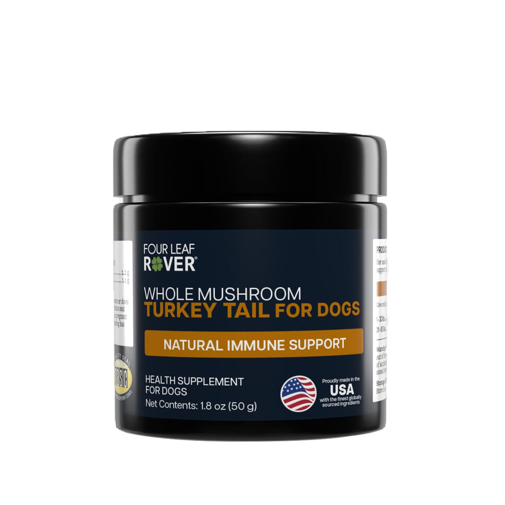 Four Leaf Rover turkey tail dog supplement bottle highlights immune-support formula