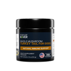 Four Leaf Rover turkey tail dog supplement bottle highlights immune-support formula