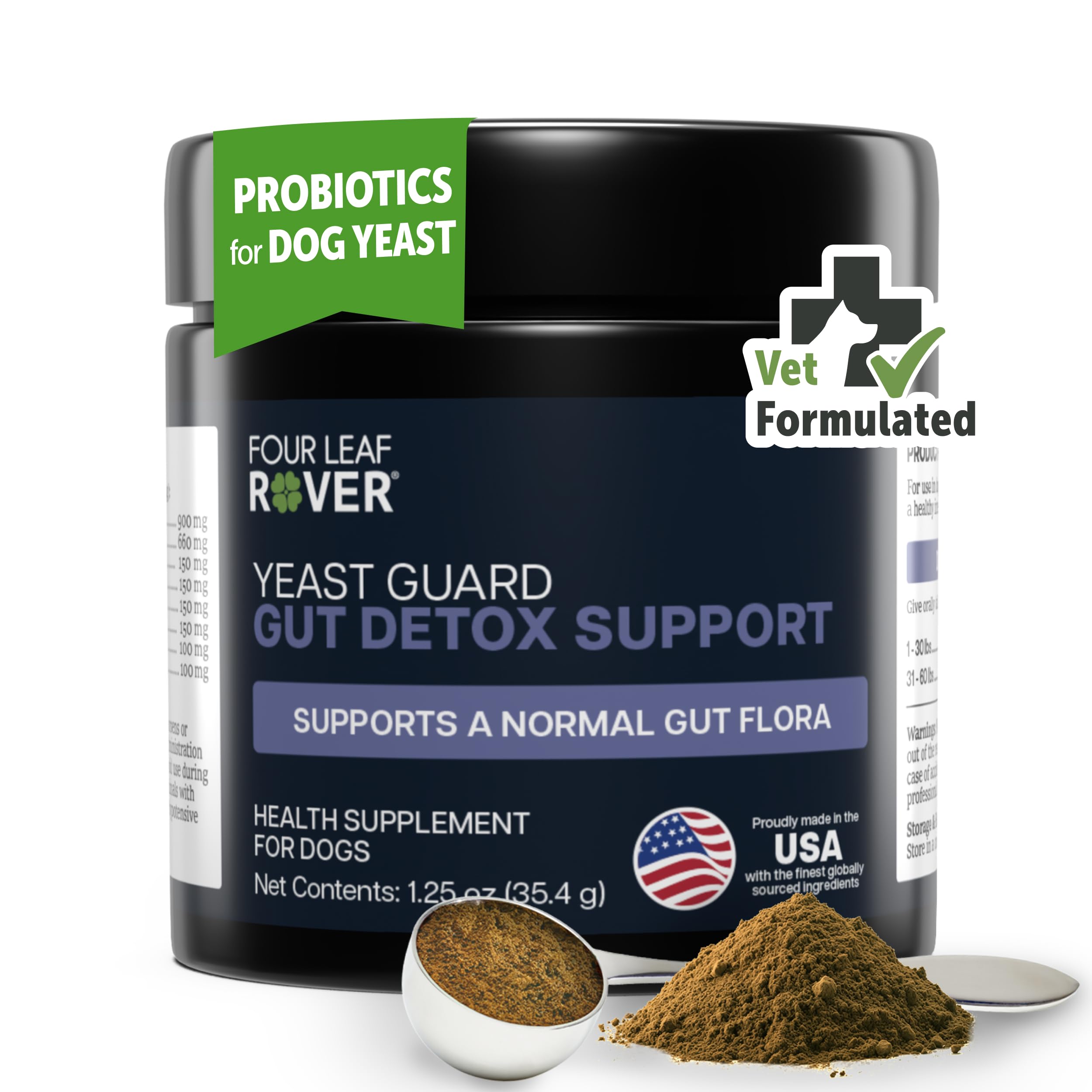 Four Leaf Rover Yeast Guard bottle front shows vet-formulated dog yeast support