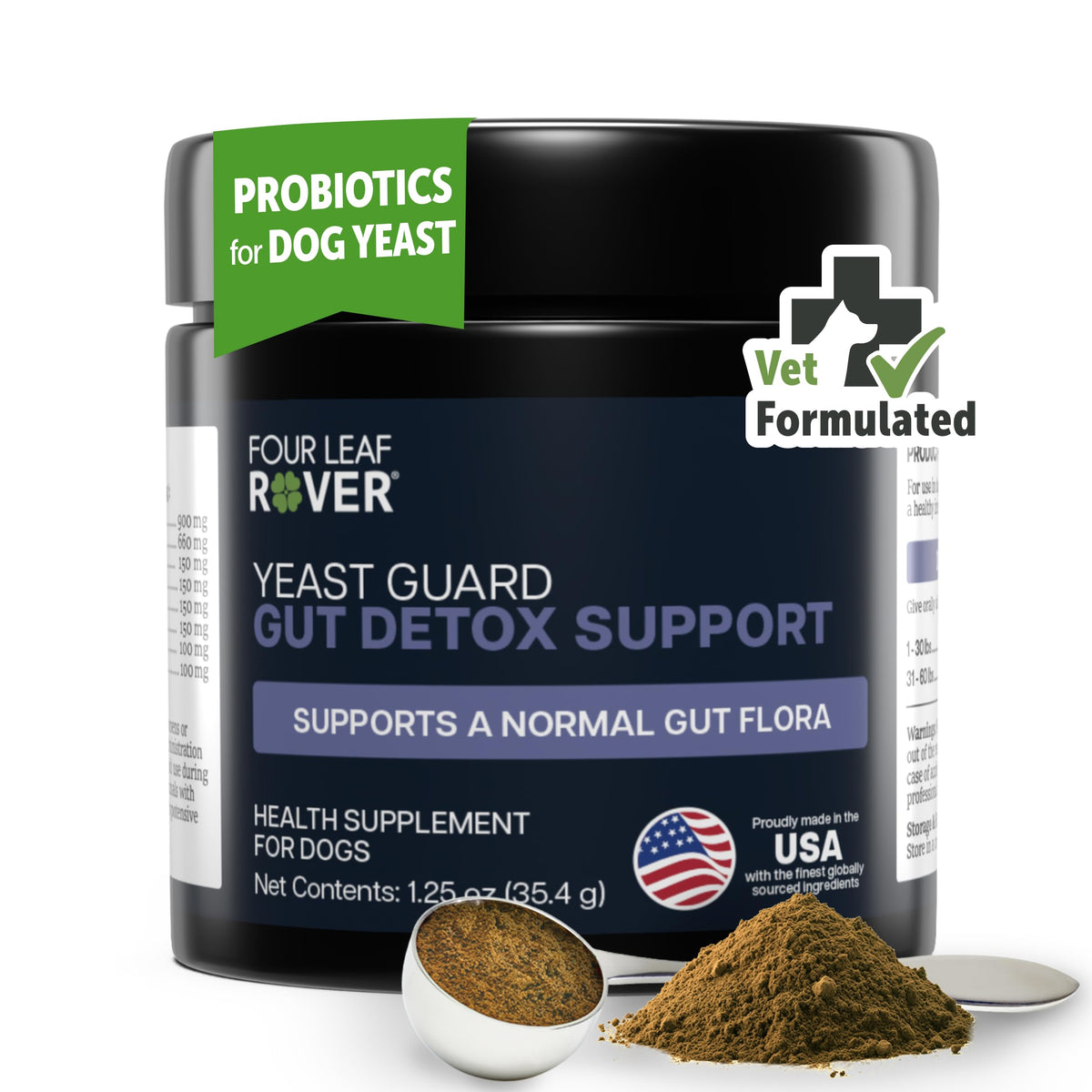 Four Leaf Rover Yeast Guard bottle front shows vet-formulated dog yeast support