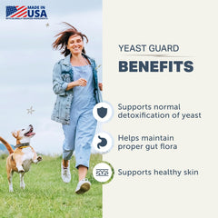 Dog paws with Yeast Guard bottle demonstrates skin and paw care