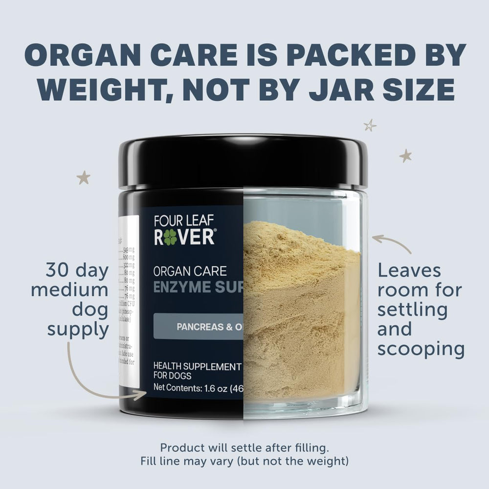 Four Leaf Rover Organ Care senior dog feeding scene emphasizes senior-dog support.
