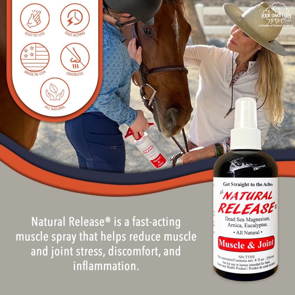 Four Oaks Farm Ventures spray on a horse leg for soothing sore muscles after exercise.
