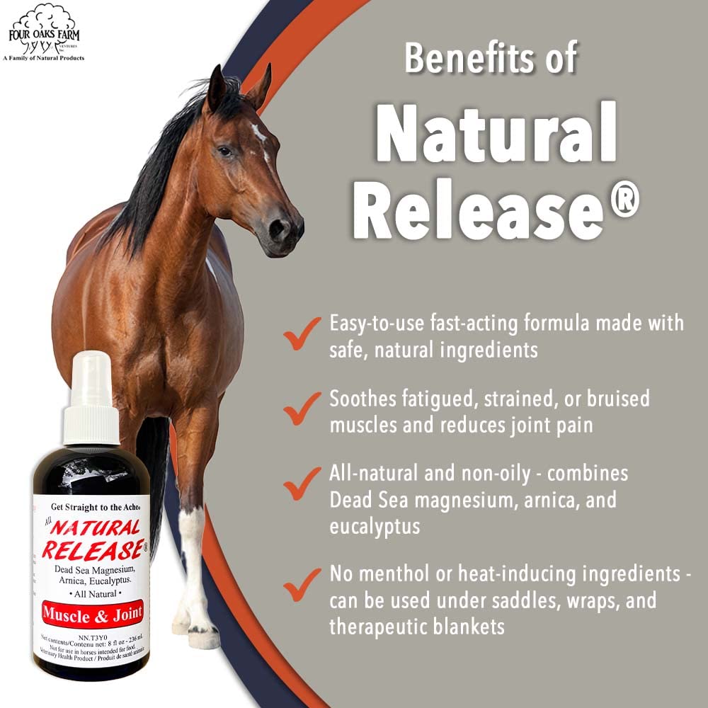 Four Oaks Farm Ventures Natural Release Muscle Spray label showing product details.