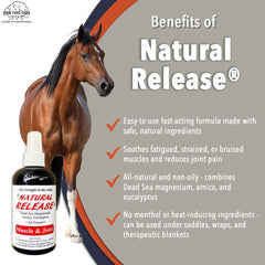 Four Oaks Farm Ventures Natural Release Muscle Spray label showing product details.