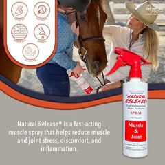 Four Oaks Farm Ventures Natural Release spray on horse muscle shows easy topical relief.