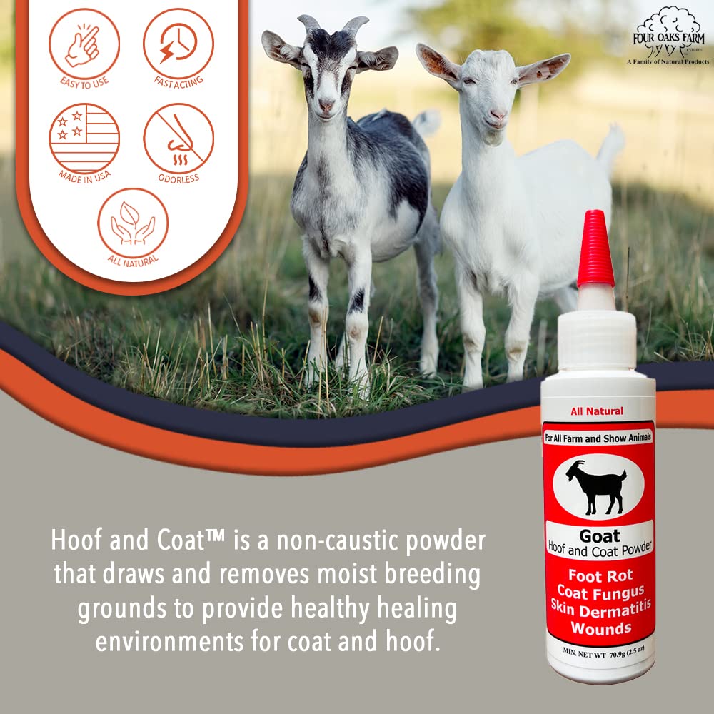 Four Oaks Goat Hoof & Coat Powder wound-care action absorbs discharge and helps clean wounds.