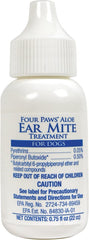 Four Paws Aloe Ear Mite Treatment bottle close-up showing easy application and soothing formula.
