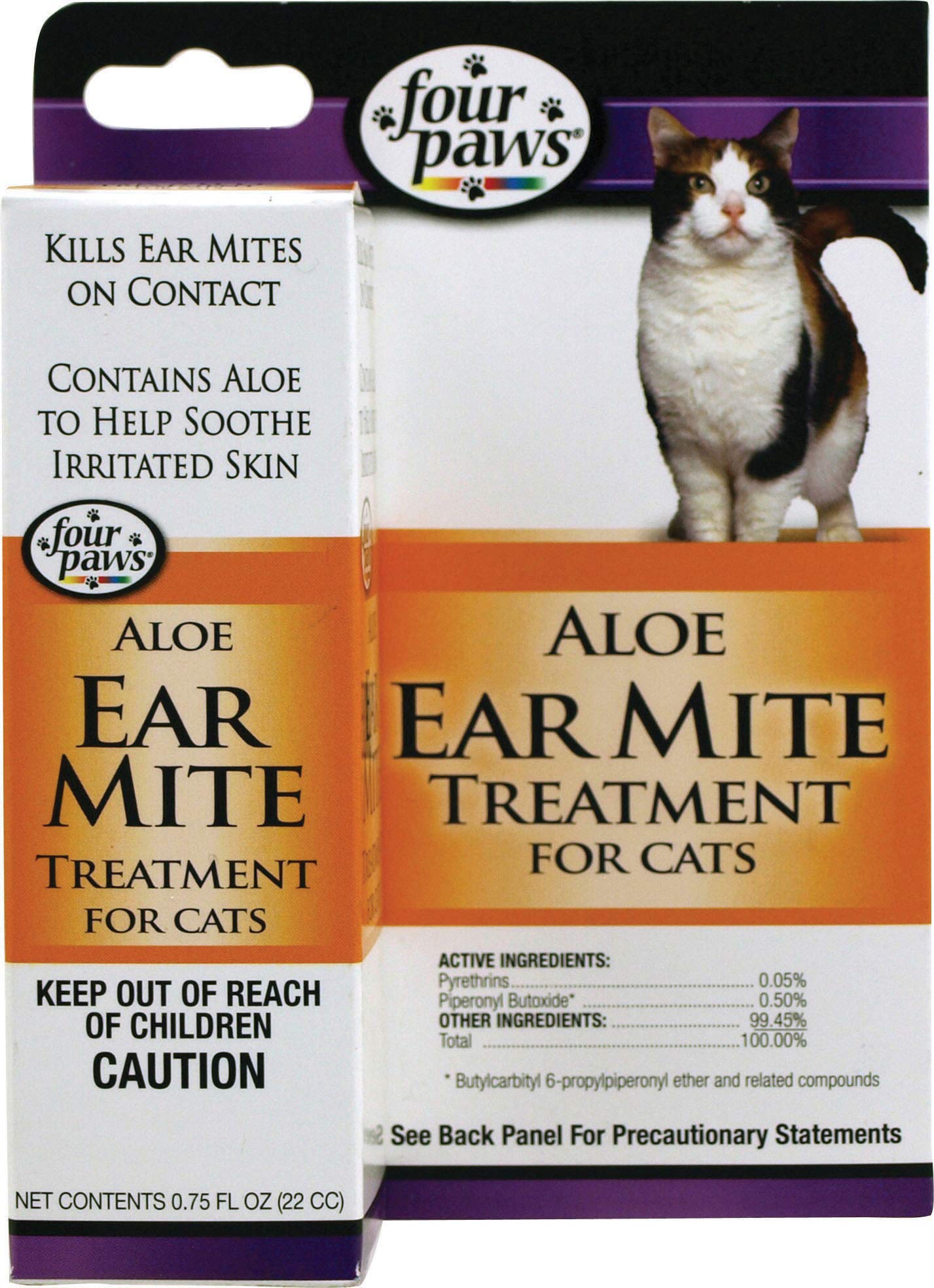 Four Paws Aloe Ear Mite Treatment bottle for quick on-contact use in cats
