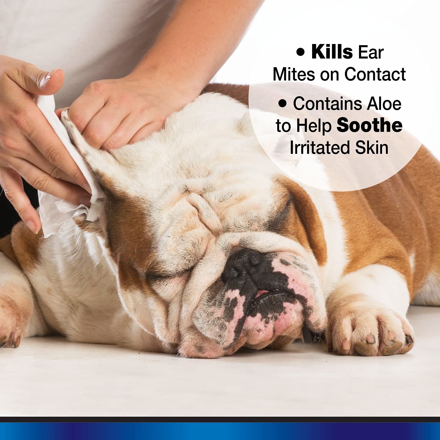 Four Paws ear treatment shown near a dog's ear area for gentle care.