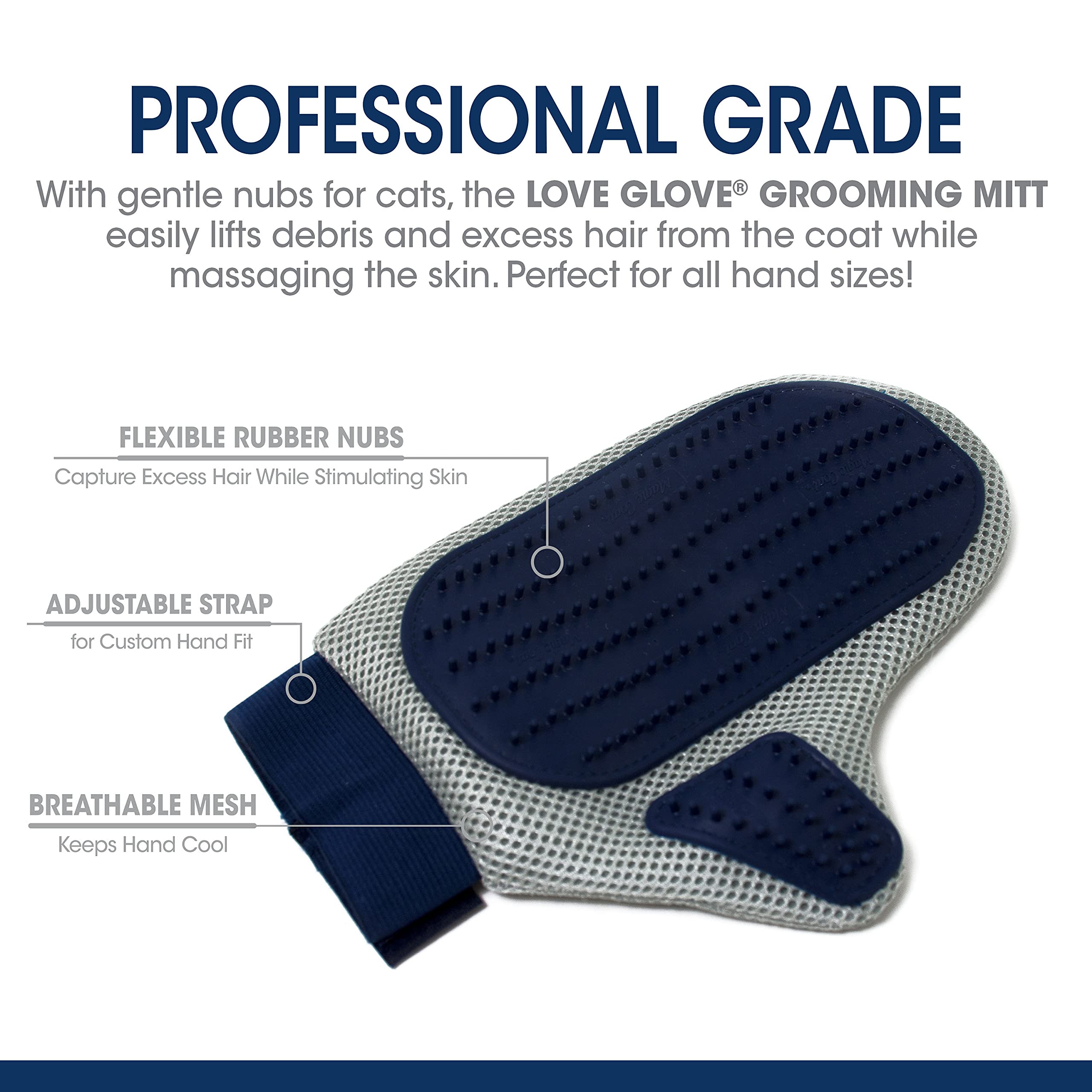 Four Paws Love Glove nub closeup demonstrates soft silicone hairs lifting loose fur.