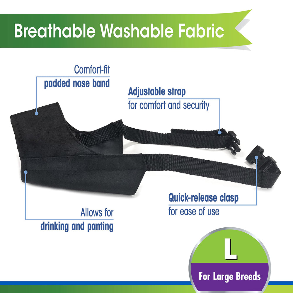Four Paws Walk-About muzzle side adjustment highlights easy quick-fit tuning for large breeds.