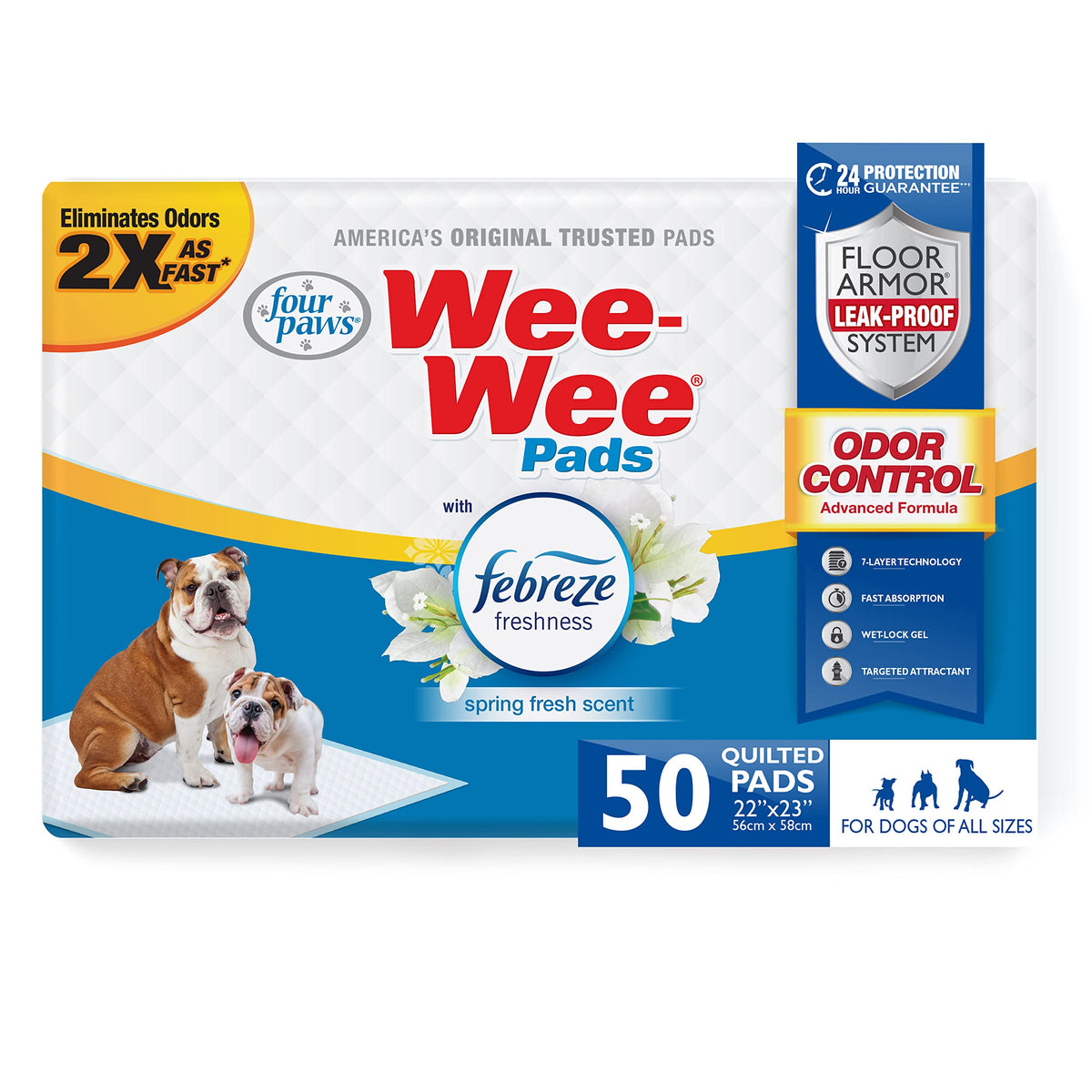 Four Paws Wee-Wee odor-control pad with Febreze Freshness neutralizes odors for a fresher home.