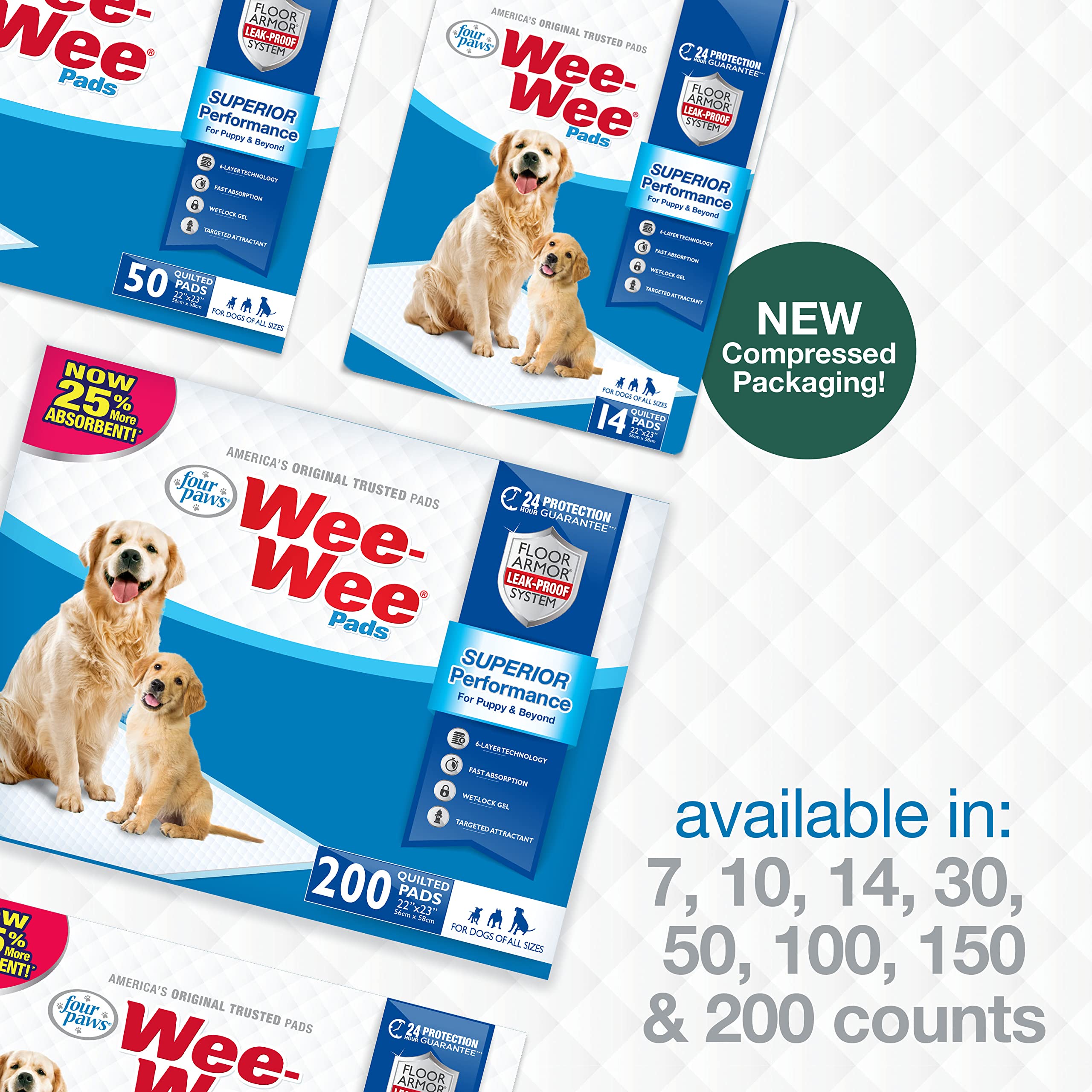 Four Paws Wee-Wee pad measures 22x23 inches for ample coverage.