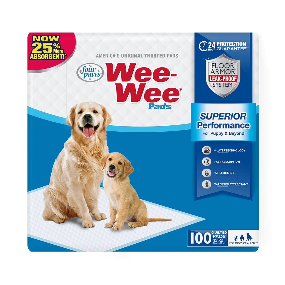 Four Paws Wee-Wee pad with absorbent core soaking up spills quickly.