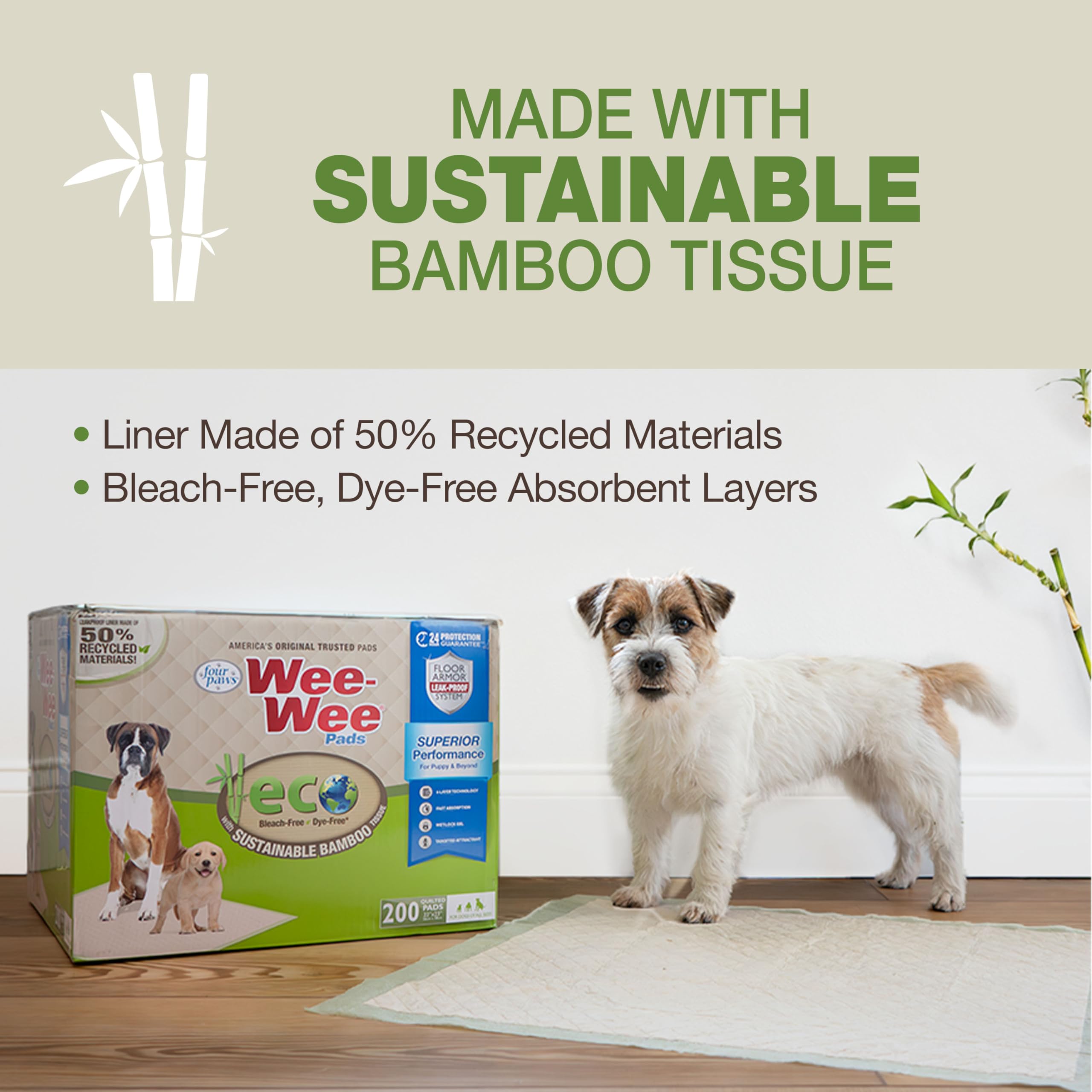 Four Paws Wee-Wee compact packaging reduces waste and helps with storage.
