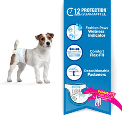 Four Paws Wee-Wee repositionable fasteners close-up demonstrates adjustable secure fit to prevent leaks.