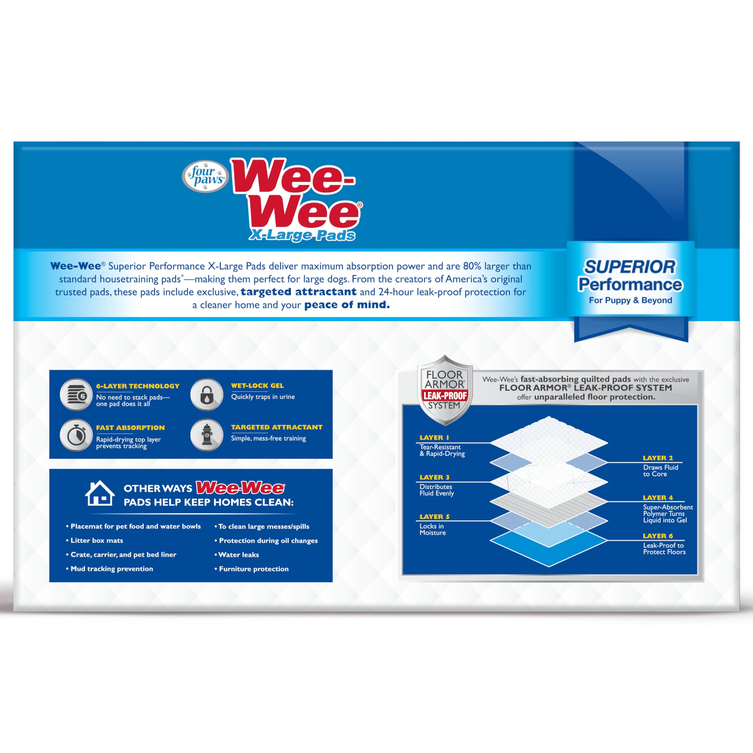 Four Paws Wee-Wee XL pad 6-layer leak-proof core helps contain moisture and protect floors.