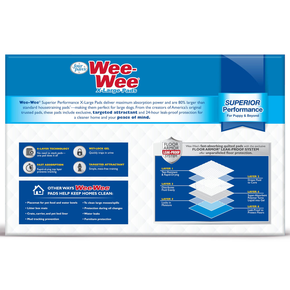 Four Paws Wee-Wee XL pad 6-layer leak-proof core helps contain moisture and protect floors.